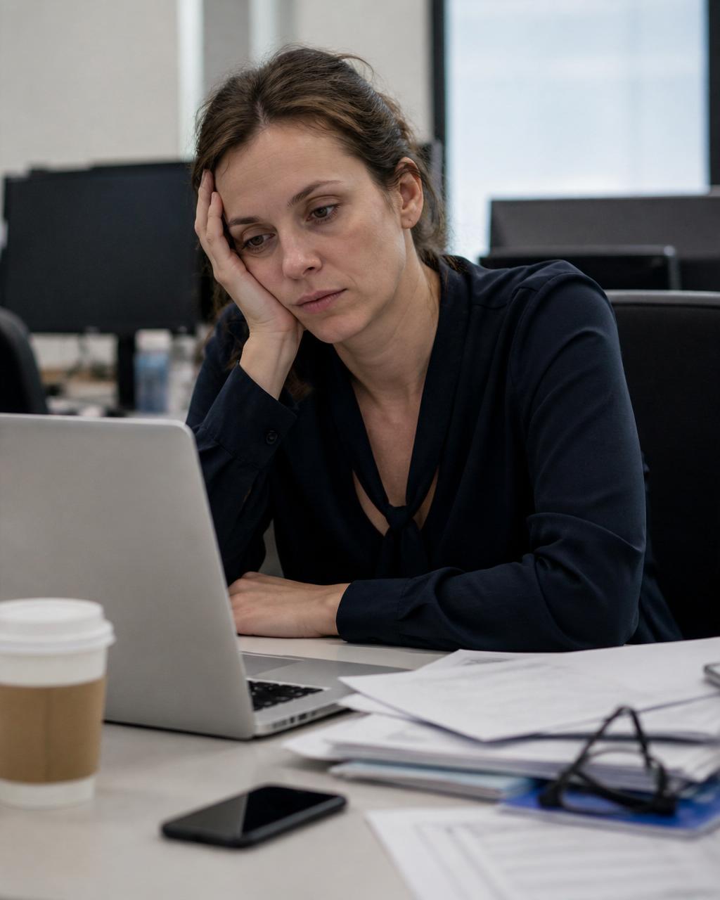Colaboradora exausta em um ambiente corporativo
